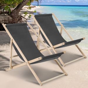 Chiliennes Pliantes R&eacute;glables Chaise Longue Bain De Soleil Avec Accoudoirs Pliante Bois Pliable Gris 2 Pi&egrave;ces - Neuf
