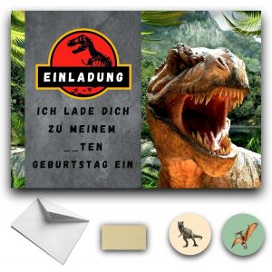 lbgwp60-Kit Créatif De Qualité Supérieure Idéal Avec 10 Cartes D'Invitation À Un Anniversaire En Allemand 10 Cartes, 10 Enveloppes Blanches, 10 Autocollants Dinosaures Et 10 Autocollants Dorés. - Neuf