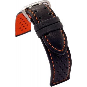 Fdjhy-Bracelet Cuir Lisse Perforé Style Rally Racing U2013 Couture Et Doublure Colorées U2013 Tailles 18mm 20mm 22mm 24mm U2013 Noir Avec Rouge Bleu Jaune Orange Blanc U2013 Design Sportif 380 - Neuf