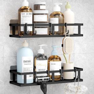 BHHBB-Etagere Douche sans Percage Lot de 2, Noir Etagere Salle de Bain avec 8 Crochets, Acier Inoxydable Porte Gel Shampoing Douche, Rangement Salle de Bain Panier Douche - Neuf