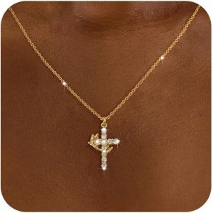Tianyi-Collier Croix Couronne Pour Femmes Collier Pendentif Croix Couronne Rotative Plaqué Or 18k Bijoux Croix De Foi Bijoux De Mode Cadeaux Pour La Saint-Valentin Pâques Baptême - Neuf