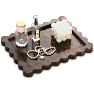 Plateau de Salle de Bain en Marbre Naturelle Plateau D&eacute;coratif Ondul&eacute; Luxueux pour Coiffeuse, Mouchoirs, Bougies, Serviettes, Cosm&eacute;tiques, Cuisine, Parfum, Porte-cl&eacute;s (Brun Fonc&eacute;, 27 x 20 cm) - Neuf