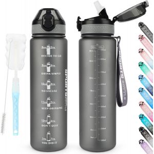 Eryi-Bouteille D'eau De 1 L Sans Bpa Avec Paille, Passe Au Lave-Vaisselle, Couvercle Anti-Fuite, Bouteille D'eau Motivante Avec Marquages De Temps, Non Toxique - Neuf