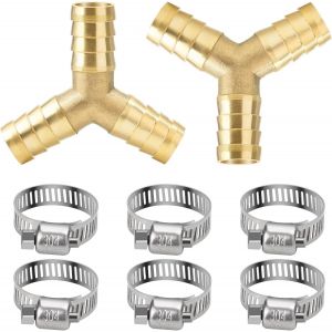 ASFASFq-2 Pièces Connecteurs de Tuyaux en Y à 12mm, Tuyau en Laiton té Cannelé, 3 Voies en Forme de Y Raccord de Tuyau avec 6 Piècse Colliers de Serrage de Tuyau - Neuf