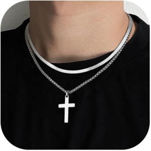 Trahoo-Collier Croix Chretienne Homme Acier Inoxydable Chaine Homme Argent Collier Chaine Avec Pendentif Croix Bijoux Cadeaux Pour Homme Femme 41-61cm - Neuf