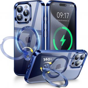 [Anneau en M&eacute;tal CD & 360&deg; Rotation Support Invisible] Coque Magn&eacute;tique pour iPhone 15 Pro Max [Compatible Magsafe] [Pare-Chocs Antichoc Galvanis&eacute;] Coque Fine Transparente avec Support u2013 Titane Bleu - Neuf