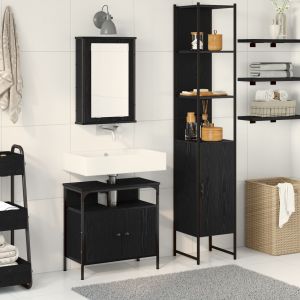 Set de meubles de salle de bain 3 pi&egrave;ces en bois d'ing&eacute;nierie ch&ecirc;ne noir - Neuf