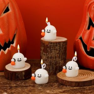 4Pcs Mini Bougies Fant&ocirc;mes De Citrouille, Mignonnes D&eacute;coration De Bougies Blanches Effrayantes Bougie D&eacute;coration De Table Pour La Maison D&eacute;coration Table De Salle De F&ecirc;te D'Halloween - Neuf