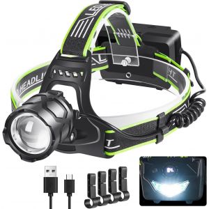 Lampe Frontale Led Rechargeable, Ultra Puissante 90000 Lumens Lampe Torche Led 5 Modes Avec Feu Arrière Rouge, 9000 Mah Rechargeable Usb Lampe Frontale Pour Camping, Pêche, Cyclisme - Neuf