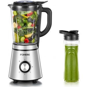 Blender, 1100 W de Puissance Max, Mixeur Electrique Bol en verre 1,5L, 600ML Gourde Nomade, 4 Lames en acier Inox, 5 vitesses + Fonction Pulse Mixeur, Smoothie, Utilisation & Nettoyage Facile - Neuf