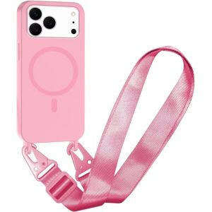 KALANKA-Cha&icirc;ne de t&eacute;l&eacute;phone portable magn&eacute;tique pour Apple 17 Pro Max - Compatible avec MagSafe - Avec bande - Collier en silicone - Anti-chocs - Avec coque amovible - Rose - Neuf