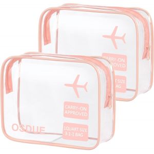 KALANKA-Trousse de Toilette Transparente, 2 Pièces Kit Voyage Avion, PVC Étanche Trousse de Toilette Voyage pour Homme et Femme, Sac de Rangment pour Voyage Avion Transparente Maquillage, Rose - Neuf