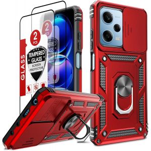 Kal-Coque Pour Poco X5 Pro 5g Anneau,Poco X5 Pro 5g Coque Anti Choque,Coque Xiaomi Redmi Note 12 Pro 5g Verre Trempé*2, Lentille Coulissante, Protection Caméra, Militaire Pc Dur Renforcée Etui-Rouge - Neuf