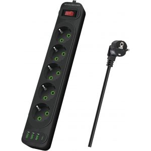Power Strip with 5 Sockets and Switch, Extension Power Supply with 3 USB A Ports+1 USB C Ports Charger, 2 m Cord, for Smartphone, Home, Office - Neuf