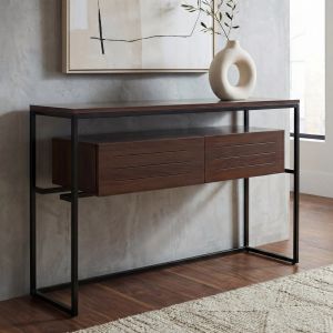 Console Hwc-P46, Table De T&eacute;l&eacute;phone, Table D'appoint, Table De Rangement, Tiroir, M&eacute;tal, Mdf M&eacute;lamin&eacute;, 80 X 120 X 40 CmAspect Noyer - Neuf