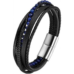 Kal-Bracelet Rétro Unique Pour Homme Biker Motard, Bracelet Manchette Multi-Rangs Tressé Cuir Perles Marronnes Bleues Bijoux Fantaisie Cadeaux Anniversaire Noël Saint-Valentin Fête Des Pères - Neuf