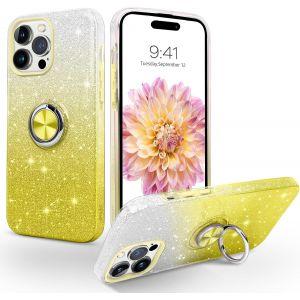 Kal-Coque Pour Iphone 16 Pro Max 6.9 Pouces Avec Anneau Rotatif 360° Support De Voiture Magnétiqu, Paillettes Scintillantes Brillantes Etui Protection À Anti-Rayure Antichoc Housse, Dégradé Jaune - Neuf