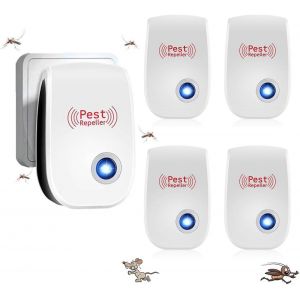 KALANKA-Répulsif Ultrason Anti Rongeurs Insectes 4 Pack, Ultrason Anti Moustique Ultrason Souris et Rats, Intérieur Répulsif Électronique Insectes pour Insectes, Fourmis, Araignées, Moustiques - Neuf