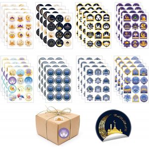 Eid Mubarak Stickers, Ramadan Etiquettes Décoratif en Papier, Ramadan Cadeau Autocollants, 384 Pièces Autocollants Ronds Papier, Eid Mubarak Partie Fournitures pour Islamique Musulman Party Decor - Neuf