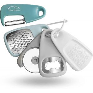 Ensemble De Cuisine 5 Pièces,Outils De Cuisine Peu Encombrants,Râpe À Fromage,Ouvre-Bouteille,Éplucheur De Fruits/Légumes,Coupe-Pizza,Moulin À Ail/Gingembre,Acier Inoxydable - Neuf