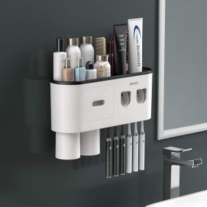 Distributeur automatique de dentifrice avec double porte-brosse à dents (2 gobelets), organiseur de rangement pour brosses à dents à 6 compartiments, tiroir de rangement pour cosmétiques - Neuf