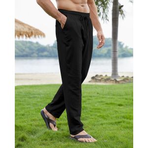 Tzf-Pantalon Coton Lin Homme Décontractés De Plage Léger Été Casual Yoga Pants Avec Cordon Elastique Grande Taille - Neuf