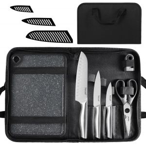 Jexnovashop-Set Couteaux De Cuisine Professionnels En Acier Inoxydable, Avec &Eacute;tuis, Planche R&eacute;versible, Aff&ucirc;teur &Agrave; 2 &Eacute;tapes, Ciseaux Et Sac De Transport, 10 Pi&egrave;ces Ustensiles De Cuisine Pour L'ext&eacute;ri - Neuf