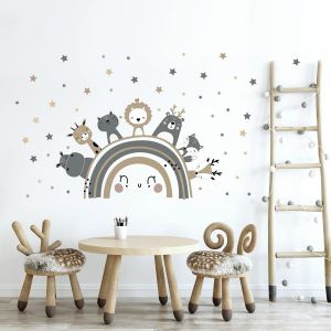 Eryi-Stickers Mural Grands Arc-En-Ciel Et Animaux Autocollants Boho Gris Animaux Des Bois Stickers Muraux ¿Animaux De La Jungle Lion Girafe Pour Chambre De Bébé Pépinière D'enfant Décoration - Neuf