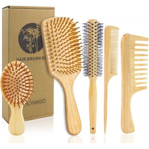 Kalanka-5 Brosses À Cheveux En Bambou,Naturel Peignes En Bois De Massage Brosse Demelante Cheveux Pour Cheveux Secs/Frisés/Mouillés, Brosse Cheveux Femme Et Homme - Neuf