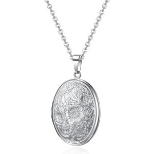 Kal-Collier Médaillon Photo Pendentif Ovale Ouvrant Personnalisé Graver Fleur Vintage Porte Photo Acier Inoxydable Bijoux Cadeau Anniversaire Saint-Valentin Fête Des Mères(Argent) - Neuf