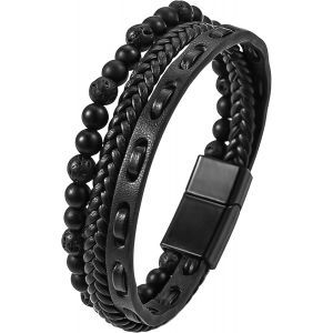 Eryi-Bracelet Cuir Homme, 21cm Bracelet Tressé Et Perle, Bracelets Oeil De Tigre Pour Homme, Bijoux Cadeau Pour Hommes Papa, Avec Boîte - Neuf