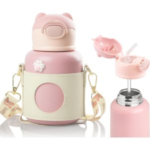 Kalanka-Gourde Enfant Isotherme 500ml Avec Paille - Sans Bpa, Anti-Fuite, Verrouillage S&eacute;curis&eacute; -Vaisselle Pour &Eacute;cole, Sport, Maternelle (Rose) - Neuf