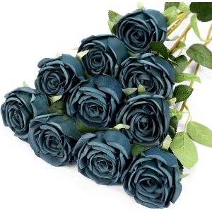 10pcs Roses de Soie Bouquet de Fleurs Rose Faux pour la d&eacute;coration de Mariage Maison Centre de Table f&ecirc;te Cuisine d&eacute;cor (Bleu Paon) - Neuf