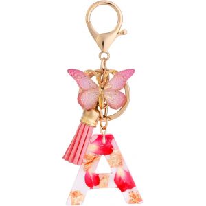 Alphabet Initiale Lettre Porte-Clés Avec Papillon Pompon Pendentif, Alphabet Initial Letter Keychain Kit, Rose Résine Key Ring Charm Pour Femmes Filles Sac À Main Bagages Décoration - Neuf