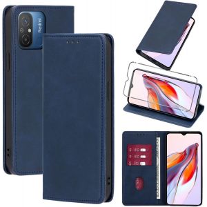 Kal-Coque Cuir Pour Xiaomi Redmi 12c 6.71"" Avec 1 Verre Trempé Etui À Rabat En Pu Porte-Cartes Portefeuille Support Flip Housse Magnétique Antichoc Anti-Rayures Case,Bleu - Neuf