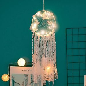 Attrape-r&ecirc;ves fait main avec papillon blanc - Grand attrape-r&ecirc;ves indien avec lumi&egrave;re - Neuf