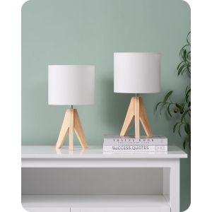 Lot De 2 Lampes De Table En Bois,Lampe De Chevet Led Avec Abat-Jour En Lin Blanc,Douille E27,Ampoule Incluse,Lampe Vintage Pour Chambre,Salon,Cadeau - Neuf