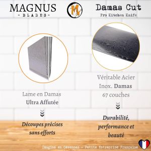 Mevronisshop-Damas Cut - Couteau De Chef Santoku - Véritable Lame Damas 18 Cm Ultra Tranchante - Manche Bois Recyclé - Soie Pleine - Très Confortable - Polyvalent - Avec Etui De Protection - Cadeau U - Neuf