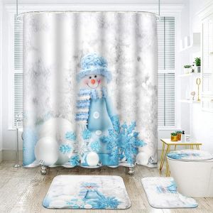 Ensemble de rideaux de douche 4 pièces avec 12 crochets, motif bonhomme de neige de Noël - Neuf