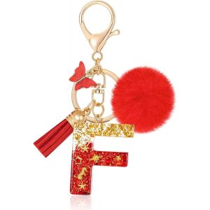 KAL-Initiale Letter Keychains Porte Clé Lettre,Alphabet Initial Keyring Avec Papillon Pompon Pendentif,Rouge Feuille D'Or Key Ring Pour Femmes Portefeuilles Sac À Main Bagages Charme - Neuf