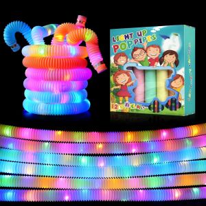 KAL-Lot De 12 Tubes Pop Tubes Lumineux À Led - Jouet Élastique Amusant Pour Soulager Le Stress - Cadeaux De Fête Pour Enfants - Jouet Anti-Stress À Presser - Couleur Macaron - Neuf