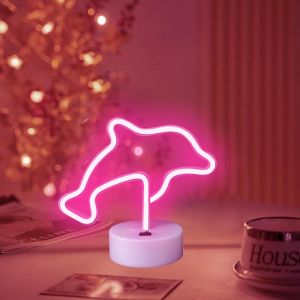 Veilleuse Led Dauphin - Usb/Batterie - Lampe N&eacute;on Pour Chambre &Agrave; Coucher - D&eacute;coration Pour Enfants - D&eacute;coration De Salon D'anniversaire (Rose) - Neuf