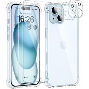 5 En 1 Coque Pour Iphone 15 Avec 2 Verre Tremp&eacute; Et 2 Cam&eacute;ra Protecteur, &Eacute;tui De Protection Antichoc Avec Coussin D'Air Int&eacute;gr&eacute; Mince Bumper Housse - Transparente - Neuf