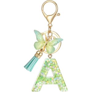 KAL-Porte Cl&eacute; Lettre Avec Initiale, Porte Clef Alphabet Vert Avec Pendentif Tassel Papillon Pour Femmes Filles, Charme De Porte Cl&eacute;s &Agrave; Paillettes En R&eacute;sine Pour Cl&eacute; De Voiture Sac &Agrave; Main D&eacute;cor(A) - Neuf