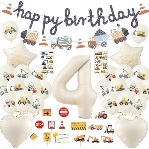 Décoration D'anniversaire Pour Garçon De 4 Ans - Motif : Chantier De Construction Et Guirlande « Happy Birthday » - Décoration De Gâteau De Voiture - Véhicule De Construction - Décoration - Neuf