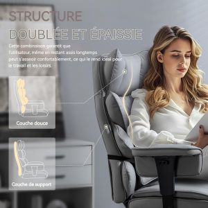 Fauteuil gamer Dowinx, si&egrave;ge de bureau ergonomique avec coussin &agrave; ressorts ensach&eacute;s, fauteuil de direction &agrave; double dossier moelleux, coussin lombaire r&eacute;glable, si&egrave;ge PC en cuir PU, gris - Neuf