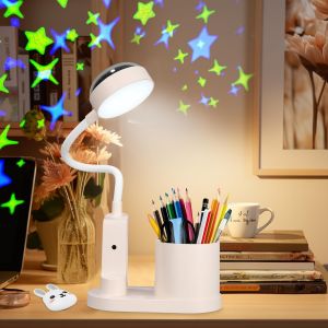 Lampe De Bureau Led Pour Enfants, Lampes De Table Sans Fil Rechargeable Avec Projection D'étoile, Lampe De Chevet Led Avec Porte-Stylo, 3 Luminosité Dimmable Lampes De Lectuire Pour Enfants - Neuf