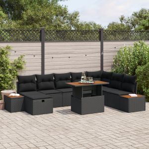 Set de canap&eacute; de jardin 9 pi&egrave;ces vidaXL avec coussins noirs en poly rotin, Canap&eacute; de jardin 2 places vidaXL avec rangement et coussins noirs en poly rotin - Neuf