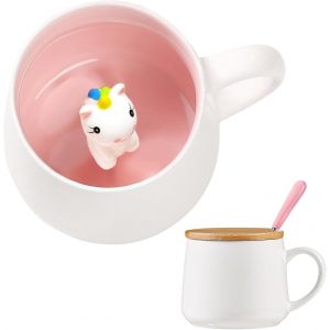 Eryi-Cadeau Licorne Pour Filles - Tasse Licorne Mignonne Avec Couvercle Cuillère En Céramique Fantaisie 3d - Tasse À Café Licorne 3d Pour Enfants, Chocolat, Thé, Lait, Cadeau D'anniversaire - Neuf