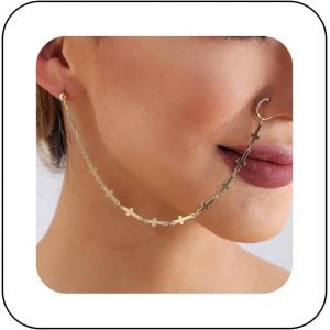 Kal-Punk Faux Anneau De Nez Boucle D'oreille Disque D'or Anneau De Nez Tassel Chaîne Hoop Vintage Paillettes Anneau De Nez Fringer Chaîne D'oreille Non Piercing Manchette Nez À L'oreille Chaîne - Neuf